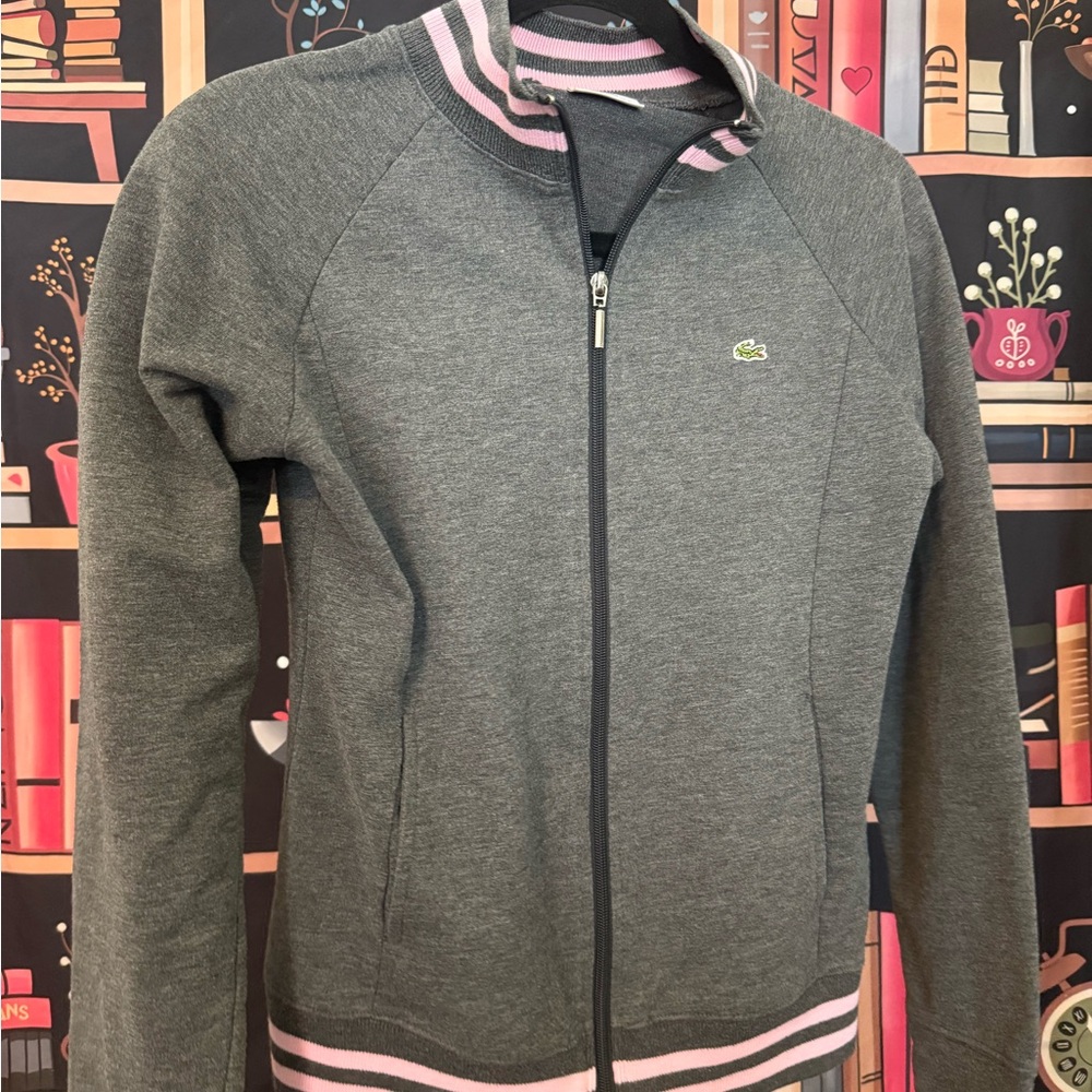 Lacoste Women's Bomber Jacket in Gray with Pink Trim